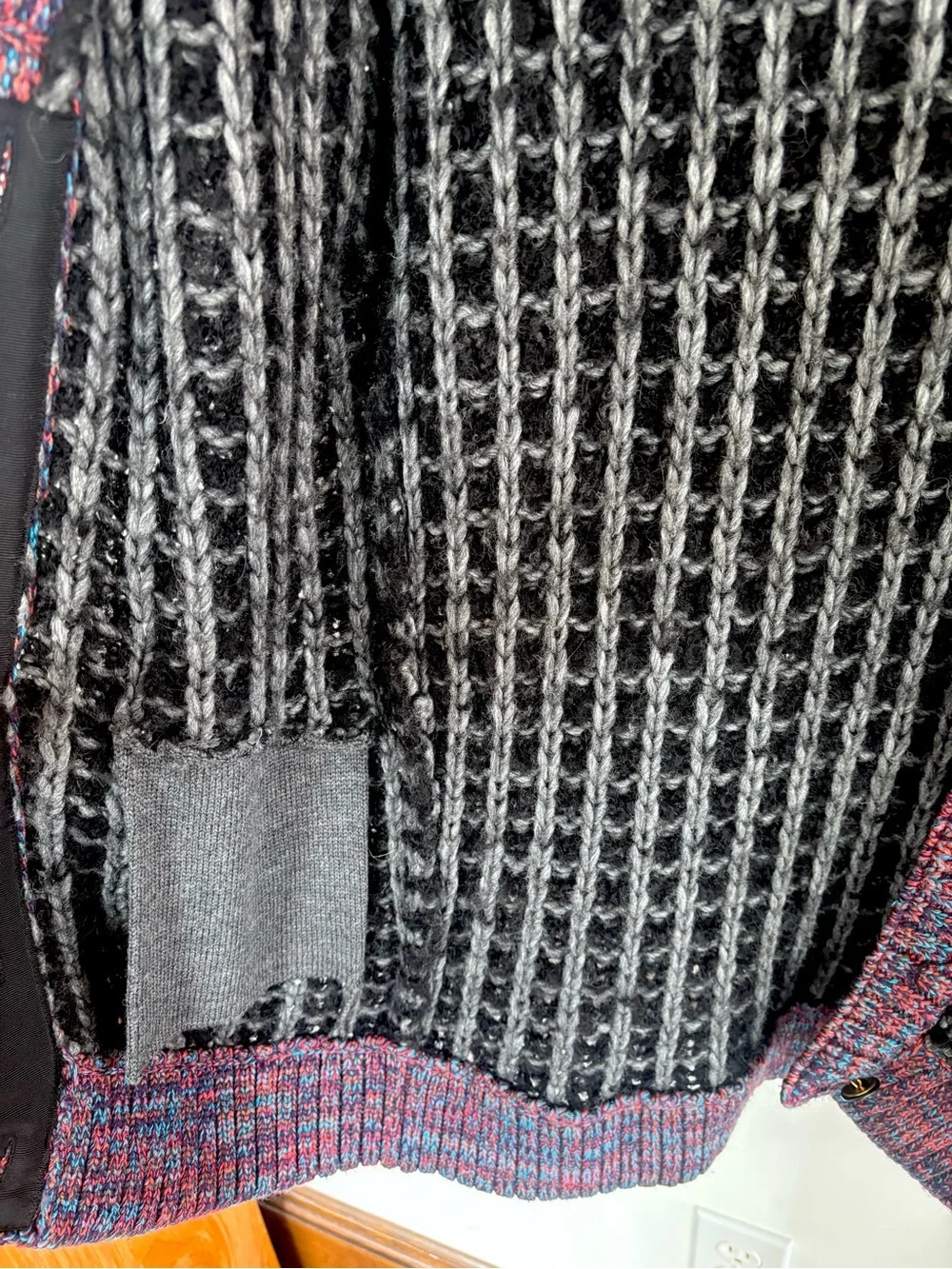 rag & bone Long Black and Gray Striped Open-Front Cardigan with Marled Trim